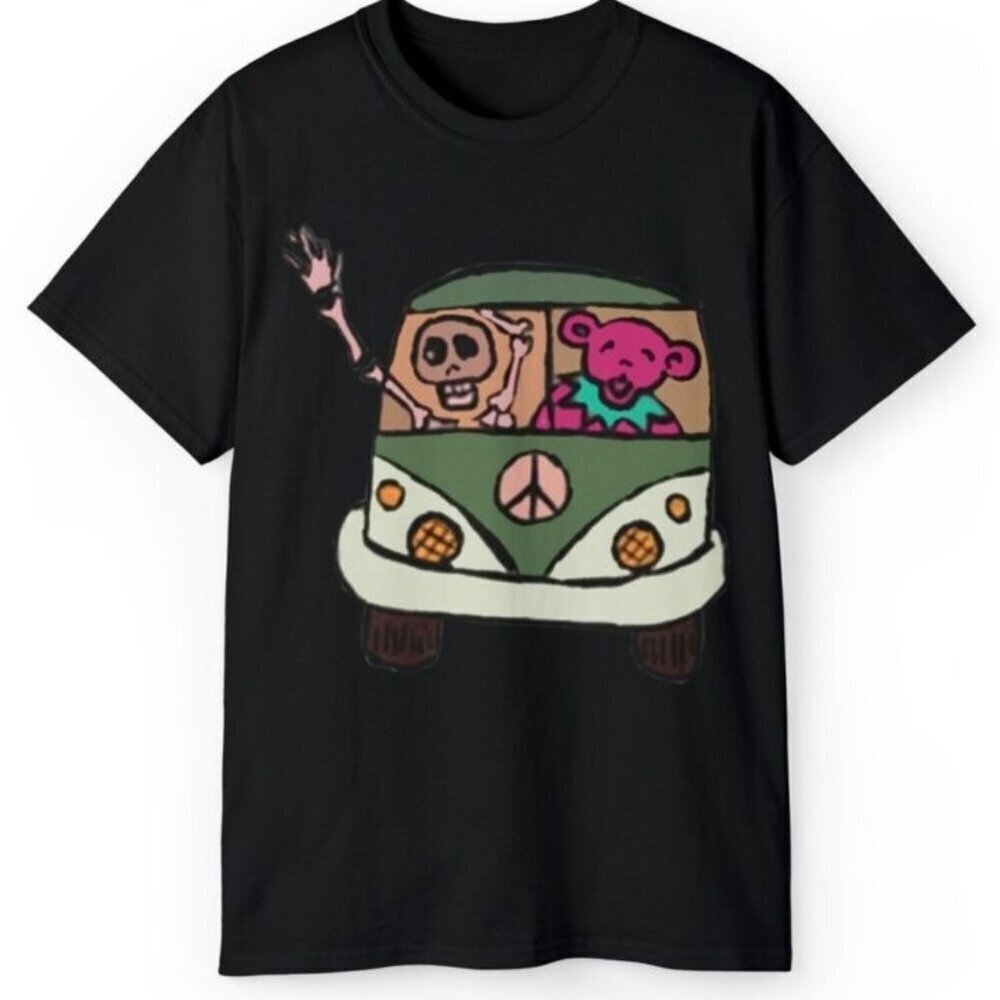 Grateful Dead VW Bus Skeleton Dancing Bear Rare Rock Band Fan Gift T-Shirt .
